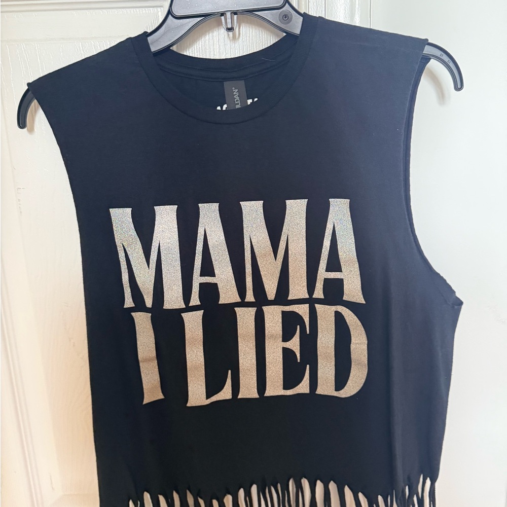 Gildan Black Tank Top with Silver 'MAMA I LIED' Graphic